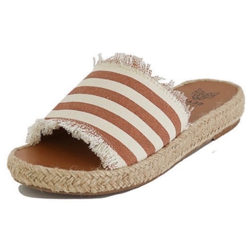 New in Box! Striped Camel and Tan Espadrilles Sandal Slides Size 8.5